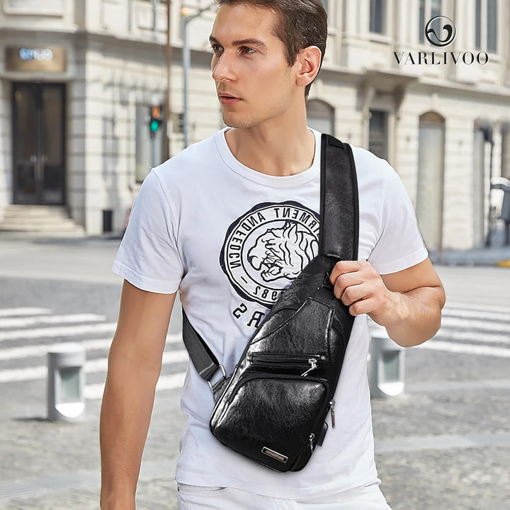 VARLIVOO Herren Sling Bag mit USB Port Brusttasche für Herren Schultertasche Fitness Radfahren Hikin