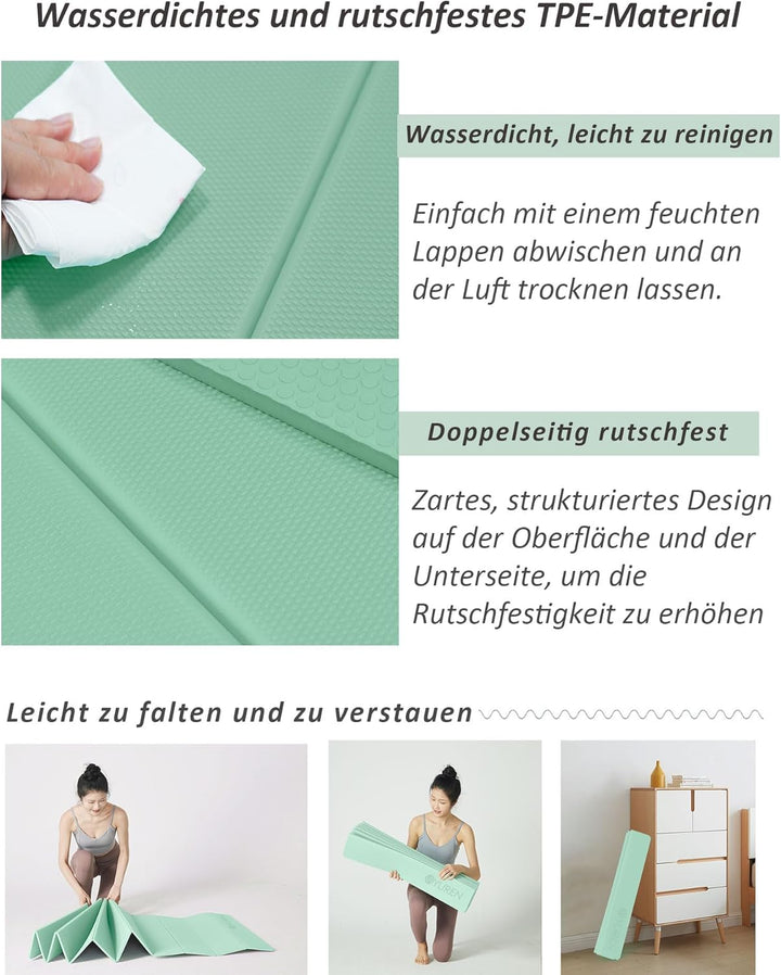 Faltbar Yogamatte 195×90cm TPE Fitnessmatte Rutschfest Tragbar Gymnastikmatte 10mm Dicke Trainingsma