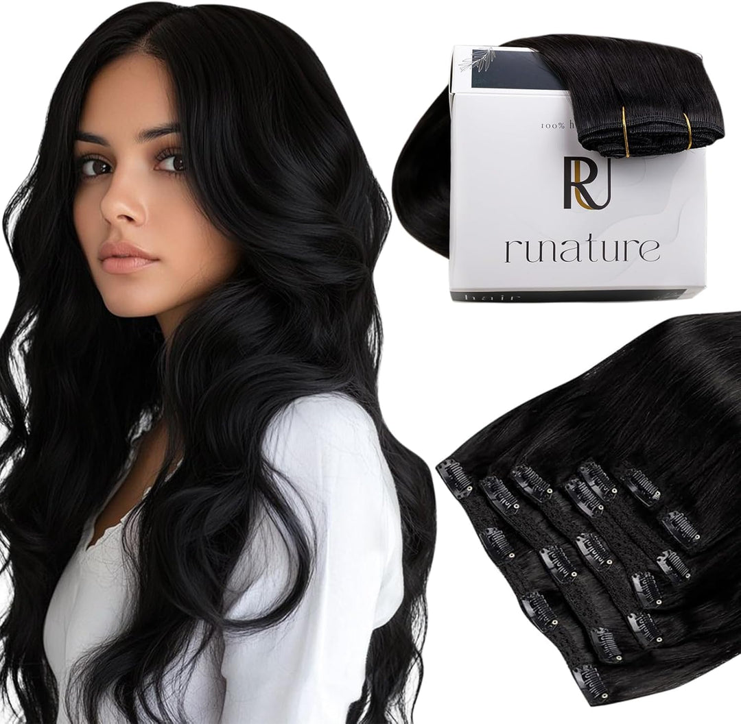 RUNATURE Schwarze Clip in Extensions Echthaar 45cm 7Pcs Echthaar Extensions Clip Glatt Clip Extensio