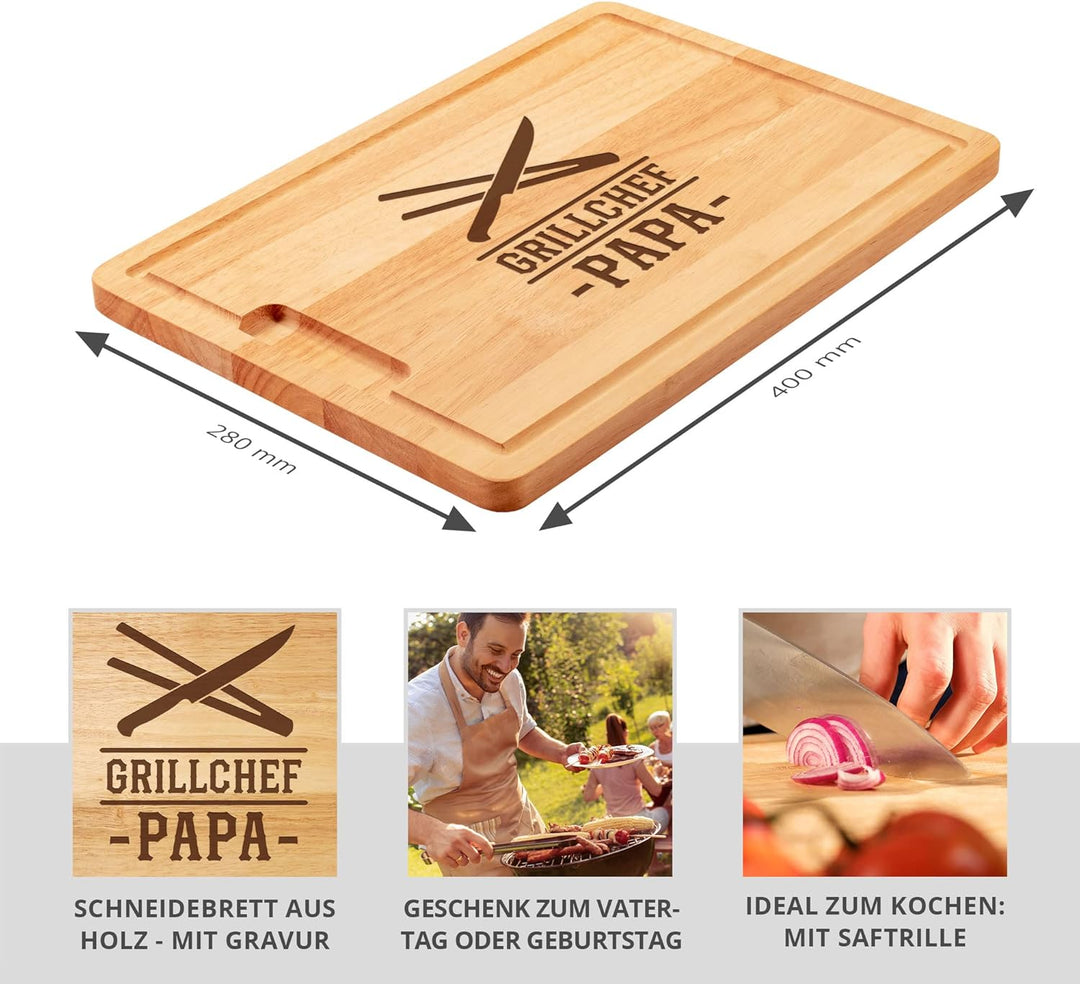 Grillbrett mit Gravur, Holz Schneidebrett für Papa, Brotzeitbrett mit Grillchef Motiv, Vatertagsgesc