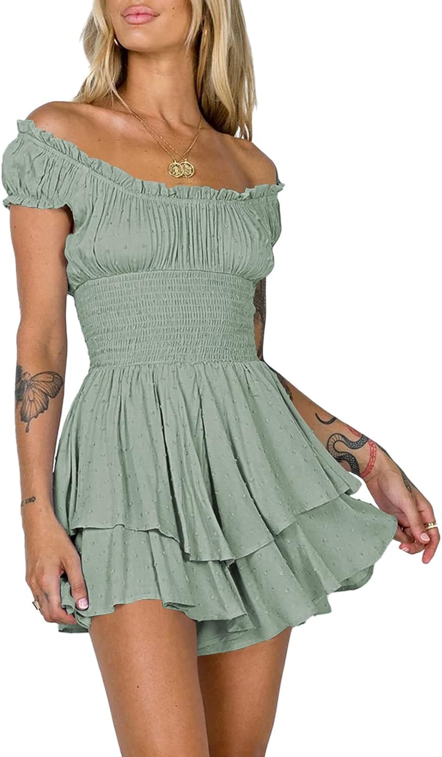 Viottiset Damen Rüschen Shorts Strampler Schulterfrei Swiss Dot Sommer Overalls S Grün, S Grün