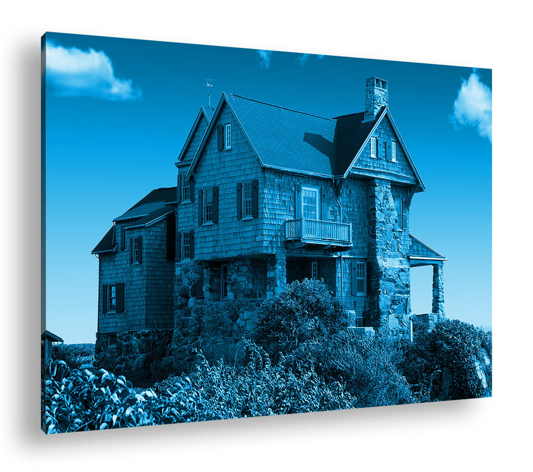 schönes Landhaus in der Natur Format 80x60 Effekt: Monocrome Blau als Leinwandbild, Motiv fertig ger
