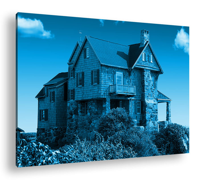 schönes Landhaus in der Natur Format 80x60 Effekt: Monocrome Blau als Leinwandbild, Motiv fertig ger