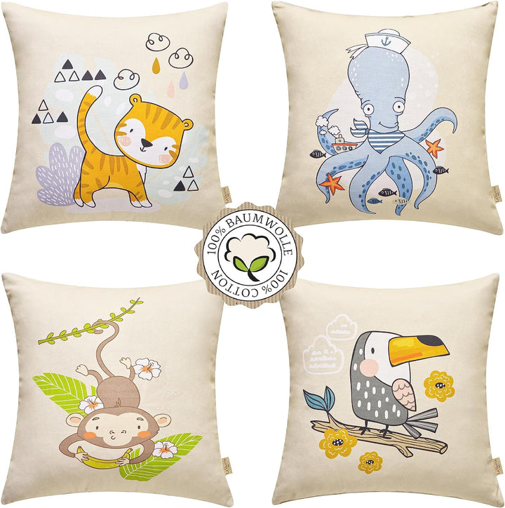 100% Baumwolle Kinder Kissenbezüge 40x40, Deutsche Standard-Qualität | 4er-Set Niedliche Tiermotive: