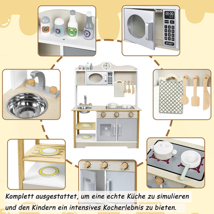 LARS360 Kinderküche Holz mit umfangreichem Zubehör - Enthält Mikrowelle, Backofen, Spüle, Kochutensi