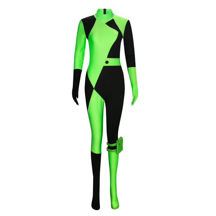 Funhoo Damen Shego Cosplay Kostüm Bodysuit Jumpsuit mit Handschuhen Beinbeutel Grün und Schwarz Frau