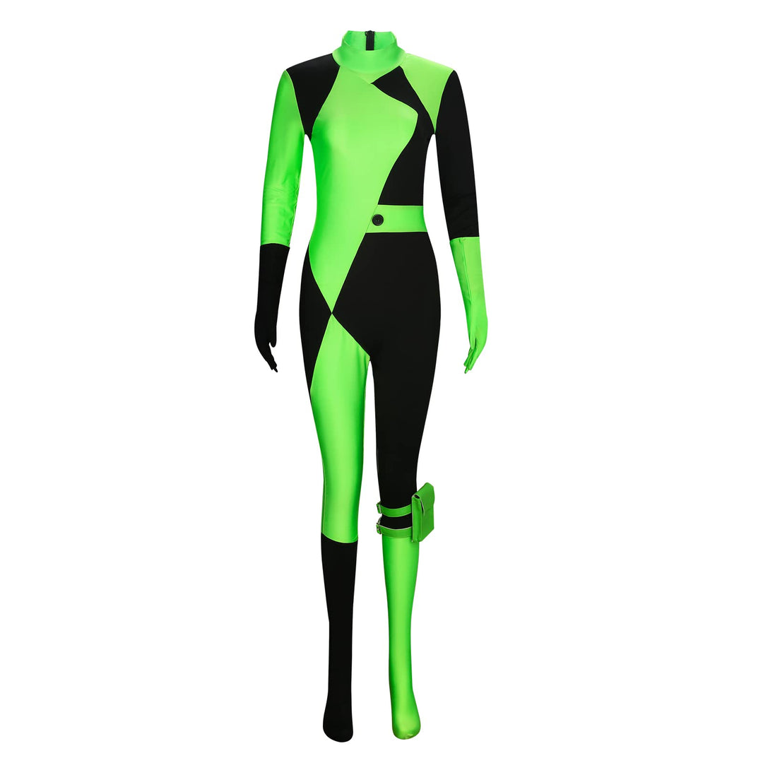 Funhoo Damen Shego Cosplay Kostüm Bodysuit Jumpsuit mit Handschuhen Beinbeutel Grün und Schwarz Frau
