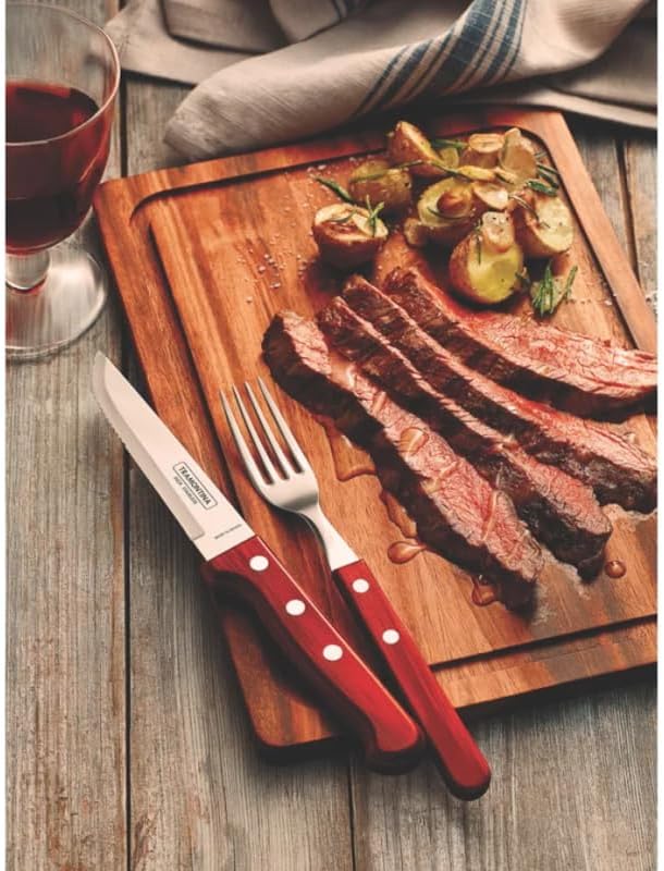 Tramontina Steakmesser Gaucho, Set 6-teilig, Edelstahl, Holzgriff rot, FSC, Mehrfarbig