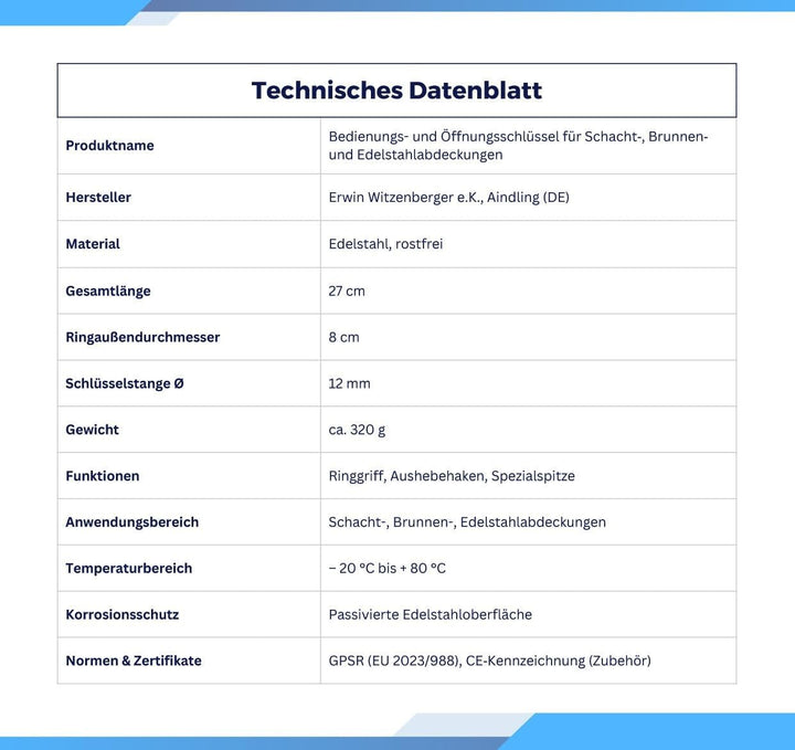 Aushebe- und Bedienschlüssel für Schacht, Brunnen und Edelstahlabdeckungen, Bedienungsschlüssel, Sch