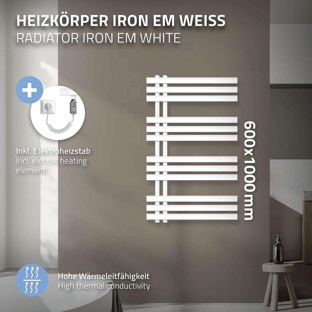 ECD Germany Iron EM Design Badheizkörper Elektrisch 600 x 1000 mm Weiss mit Heizstab 300W Weiss Gros