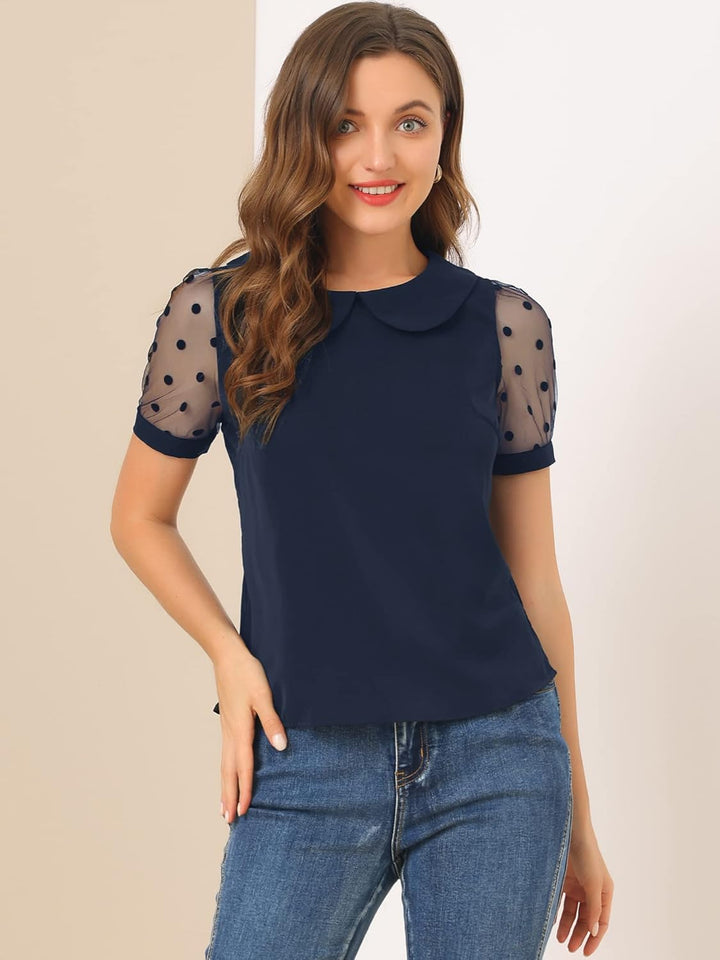 Allegra K Damen Puffärmel Vintage Bubikragen Oberteil Mesh Polka Punkte Top Bluse L Navy Blau, L Nav