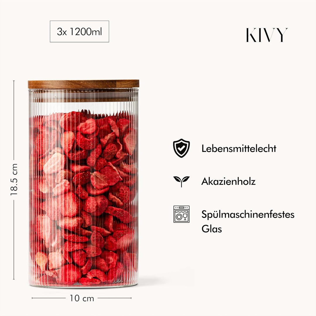KIVY Riffel Vorratsgläser mit Deckel Luftdicht [3x 1200ml] - Vorratsdosen Glas mit Deckel - Glasbehä