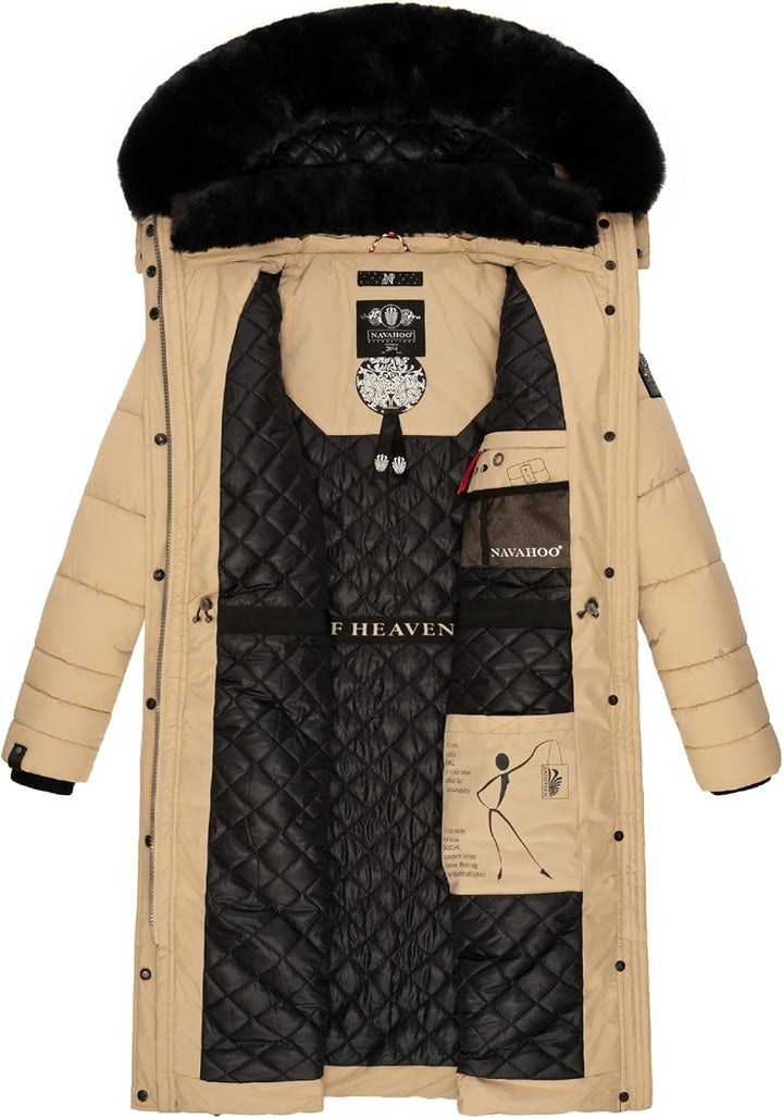 Navahoo Damen Wintermantel Warmer Steppmantel lang mit Abnehmbarer Kapuze Fahmiyaa XS-3XL M Beige, M