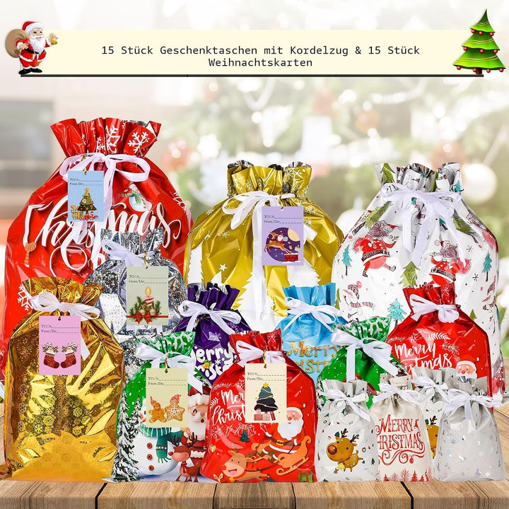 Weihnachts Geschenkbeutel mit Kordelzug - 15 Stück mit 15 Anhängern, 7 Designs, 5 Grössen, Wiederver