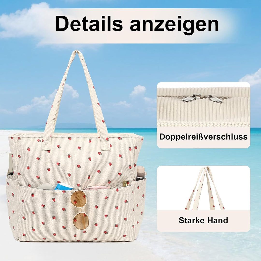 LEDAOU Strandtasche Damen, Grosse Cord Tote Bag mit wasserdichtem Nassfach Beige Erdbeeren, Beige Er