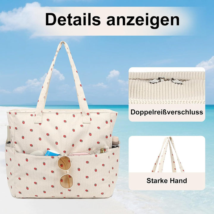 LEDAOU Strandtasche Damen, Grosse Cord Tote Bag mit wasserdichtem Nassfach Beige Erdbeeren, Beige Er