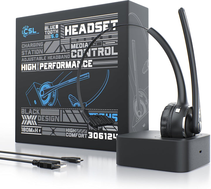 CSL - Bluetooth 5.0 Headset mit Ladestation - PC Headset mit flexiblem Mikrofon - Multipoint - kabel
