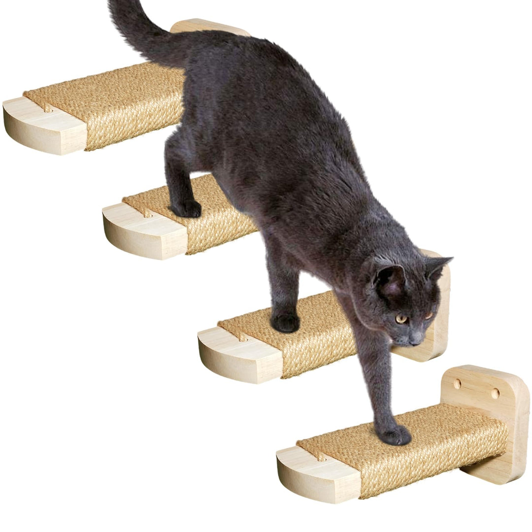 Katzentreppe Wand(4pcs), Kletterwand Katzen, mit Einlage-Handwerkskunst, aus 2cm Massives Gummiholz,