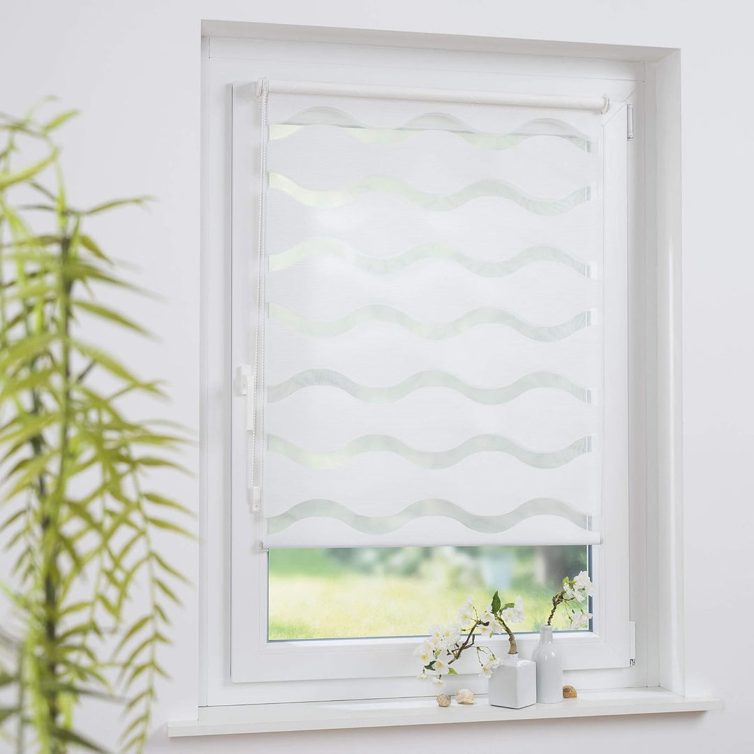 Klemmfix Doppelrollo Weiss Wave - Breite 40 bis 120 cm, Länge 150 cm BZW. 210 cm - Duo - Rollo ohne