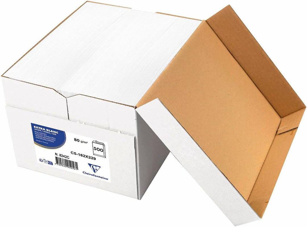 Clairefontaine 8242C - Karton mit 500 Versandtaschen weiss C5-162x229mm, selbstklebend, 120g, 1 Kart