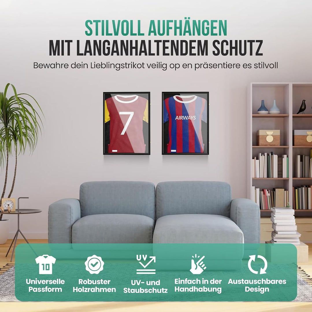 Avalo Trikotrahmen - Bilderrahmen 80x60 cm für Fussballtrikot - aufklappbar | Trikot Bilderrahmen fü