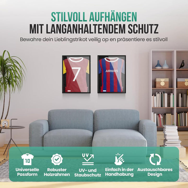 Avalo Trikotrahmen - Bilderrahmen 80x60 cm für Fussballtrikot - aufklappbar | Trikot Bilderrahmen fü