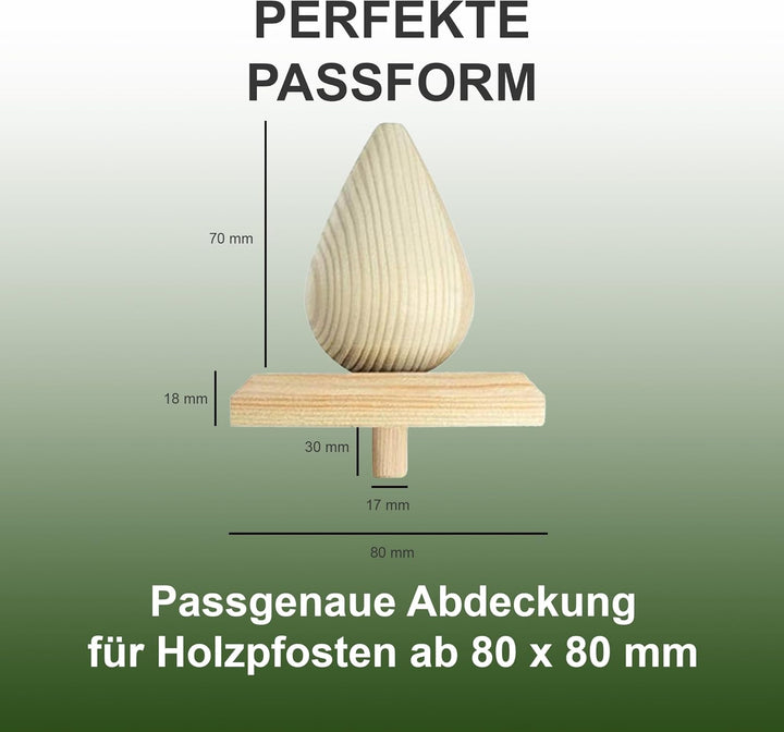 Pfostenkappe Birne | Holz imprägniert | 80 x 80 mm | 3 Stück | Eckige Abdeckkappe für Garten Holzpfo