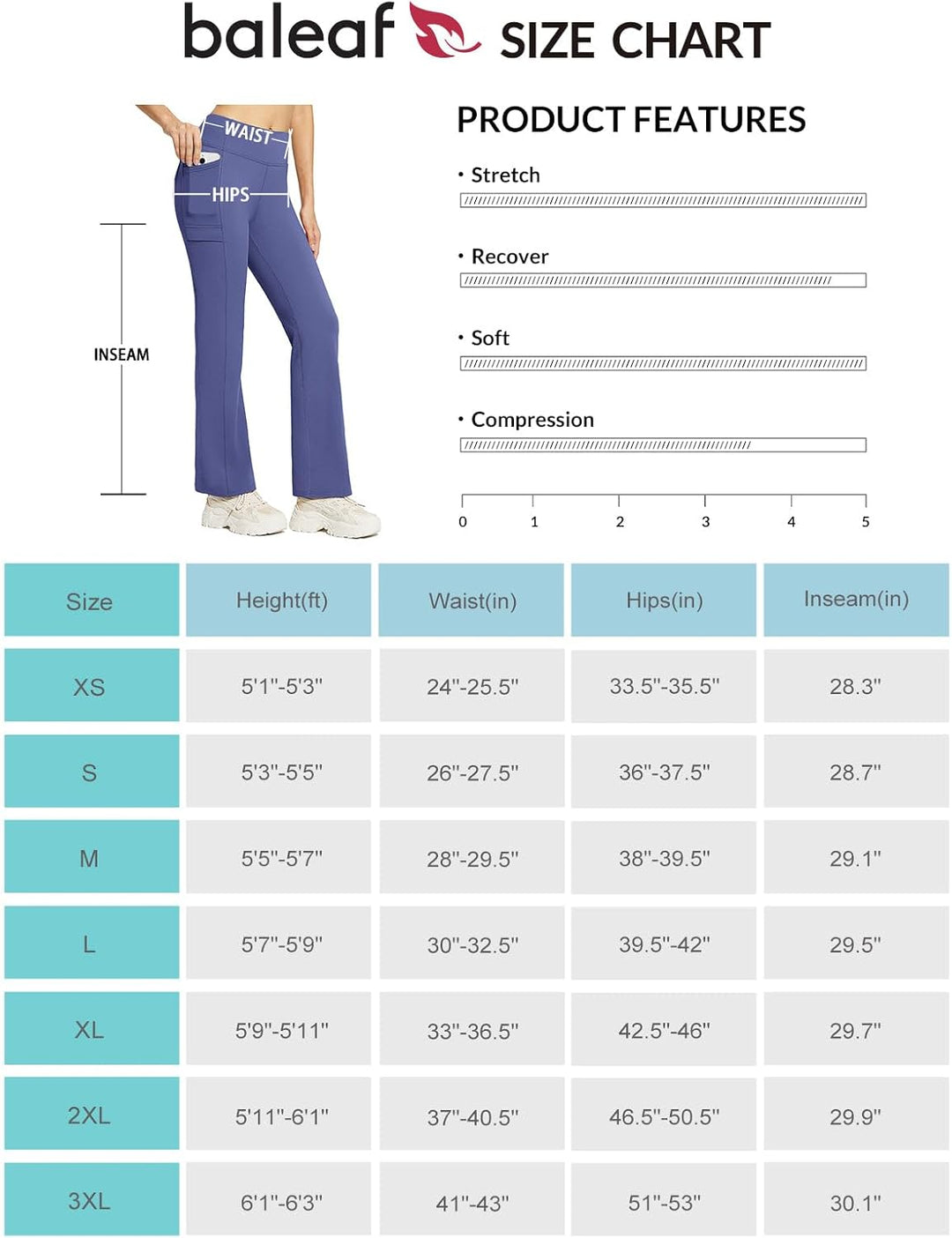 baleaf Damen Thermohosen mit Taschen Flare Leggings Hohe Taille Bootcut Thermo Leggings Sweatpants W