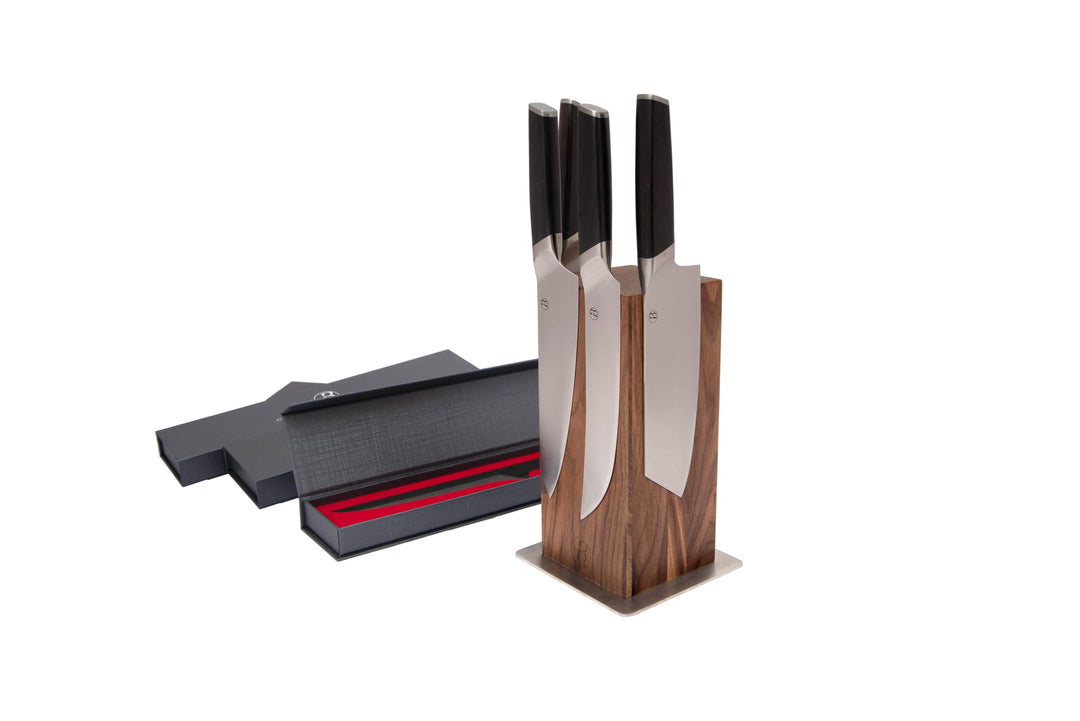 BABOSSA® Original Messerset mit Magnetischem Nussbaumholz Messerblock | 4-tlg Küchenmesser Set aus 3