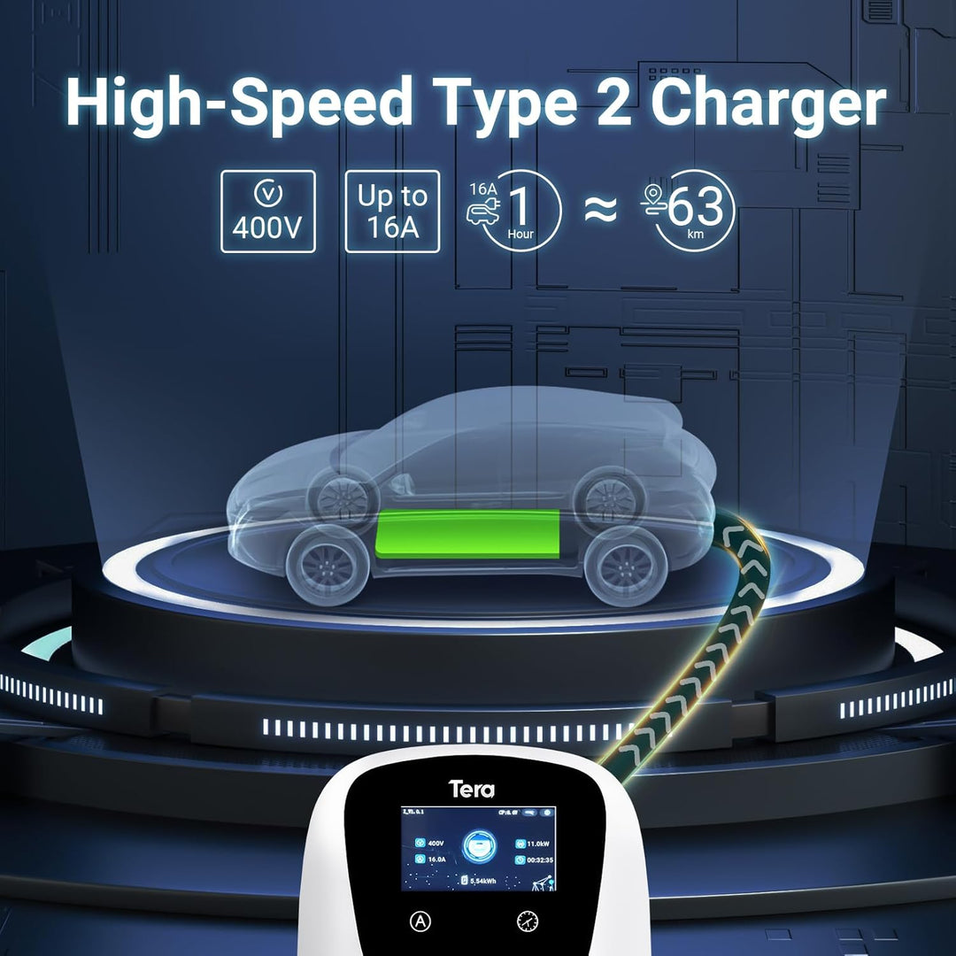 Tera Smart EV Ladegerät Typ 2 Wallbox mit APP 11kW 16A 400V CE&TÜV mit WLAN & Bluetooth 7m Ladekabel
