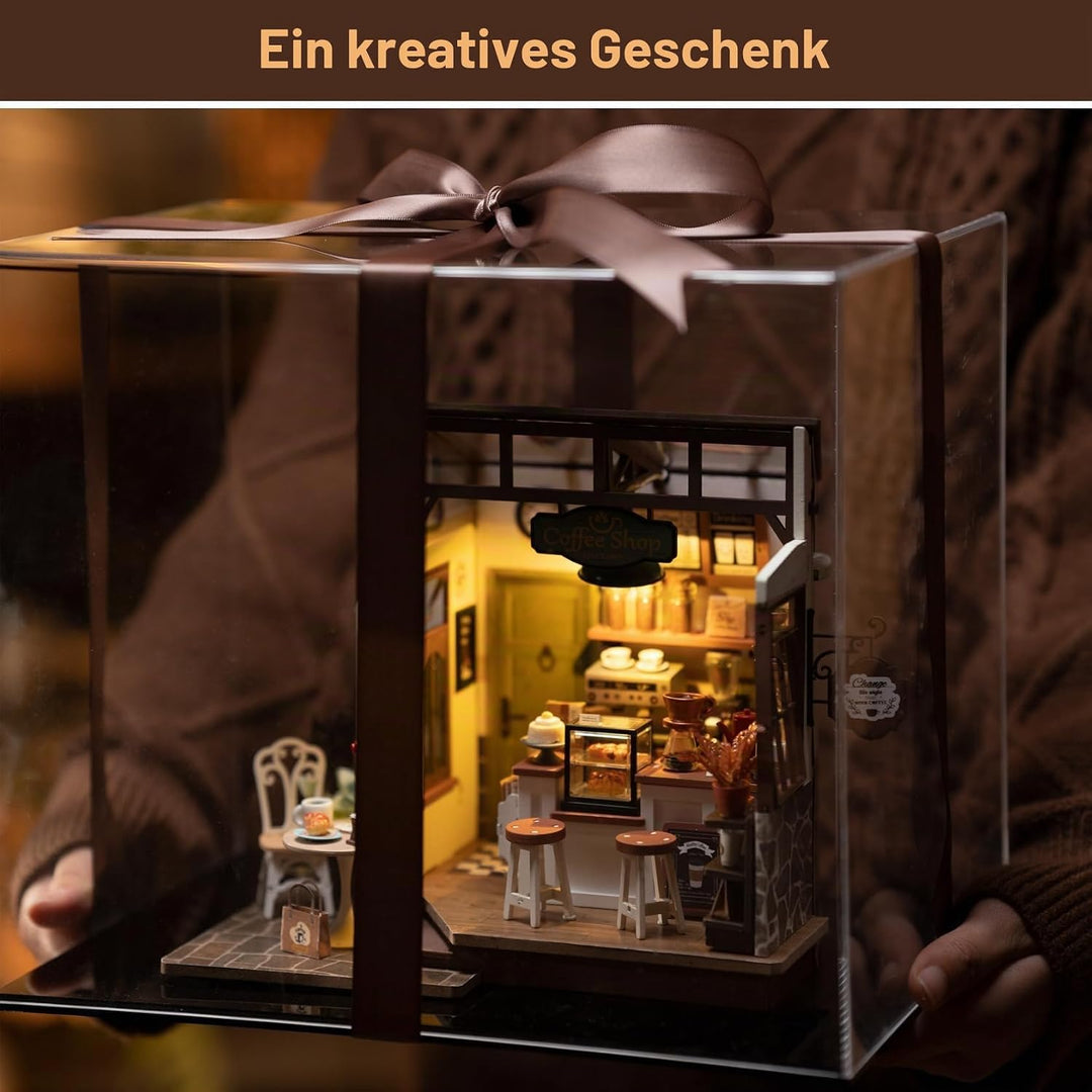 ROBOTIME DIY Holzpuppenhaus Set mit Miniaturmöbeln, Modellbausatz mit Zubehör und LEDs, Modellbausat