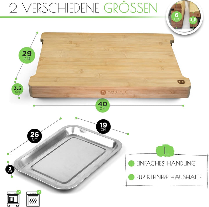 naturlik Schneidebrett mit magnetischen Auffangschalen - Hochwertiger FSC®-zertifizierter Bambus - S