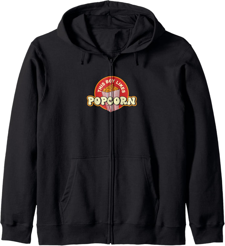 Junge mag Popcorn und isst gesunden Mais Kapuzenjacke