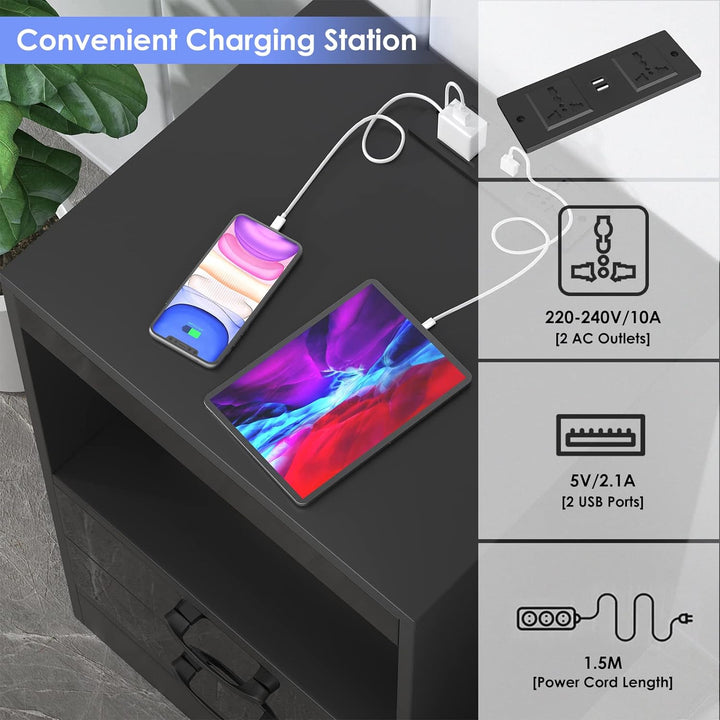 Lvhecforhm Nachttisch Schwarz mit LED-Beleuchtung, Nachttisch mit 2 AC-Steckdosen, 2 USB-Anschlüsse,