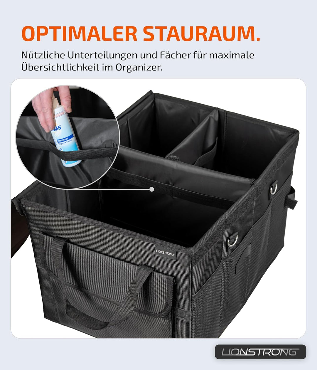 LIONSTRONG® Kofferraum-Organizer Box – Faltbare & rutschfeste Aufbewahrungsbox mit Tragegriffen und