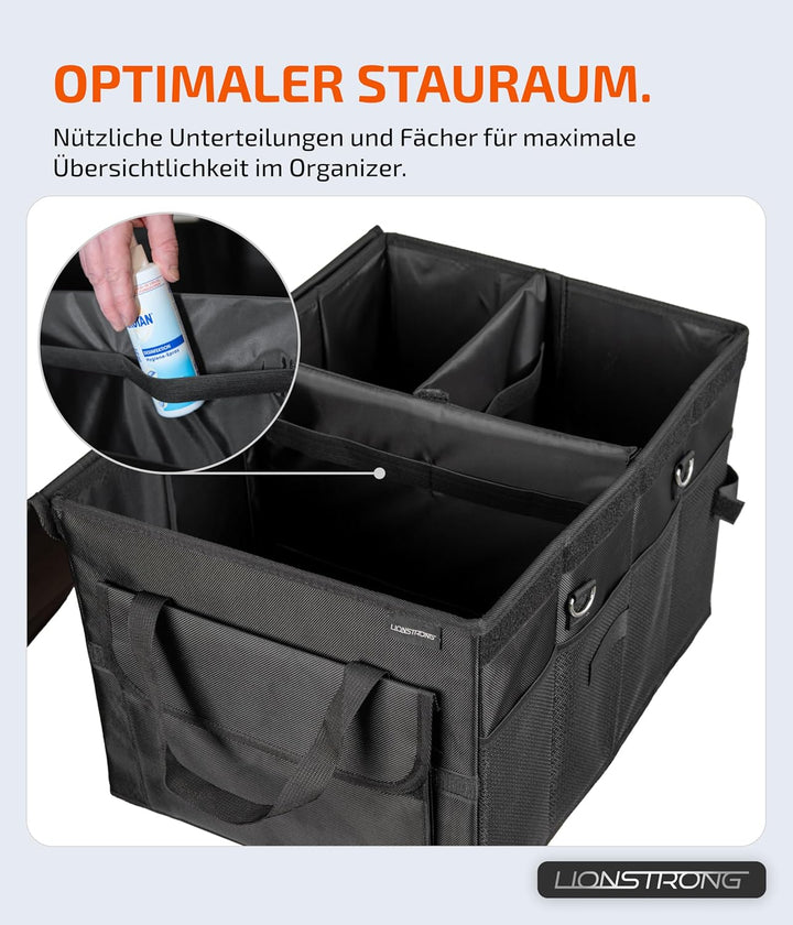 LIONSTRONG® Kofferraum-Organizer Box – Faltbare & rutschfeste Aufbewahrungsbox mit Tragegriffen und