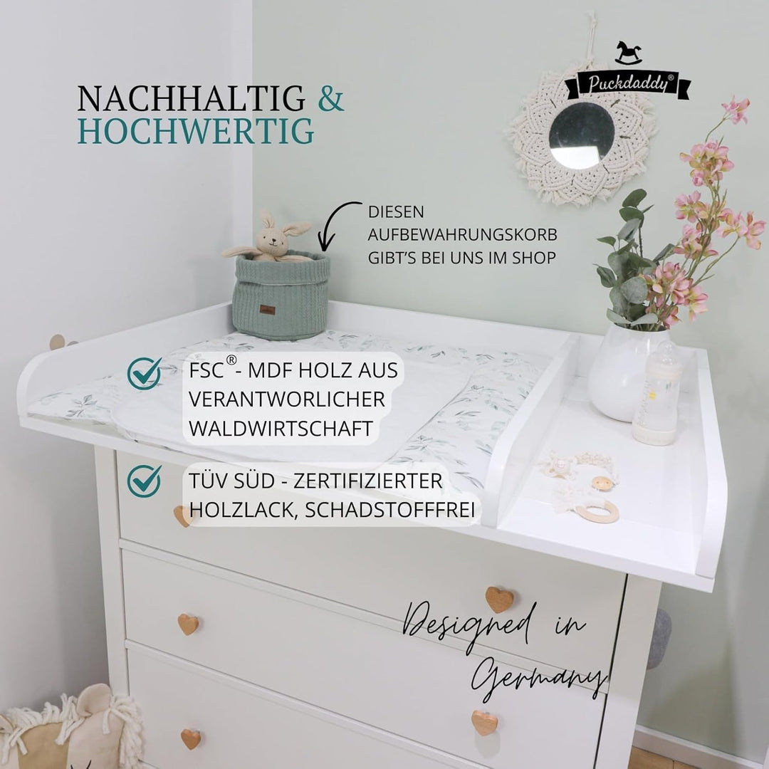 Puckdaddy Kimi | XXL Wickelaufsatz kompatibel mit Hemnes Kommoden u.Ä. | 108x80x10 cm | weisses MDF-
