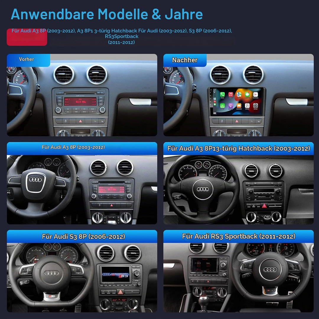 Android Autoradio mit Navi Bildschirm Wireless Carplay Android Auto für Audi A3 S3 RS3 2003-2012, 9