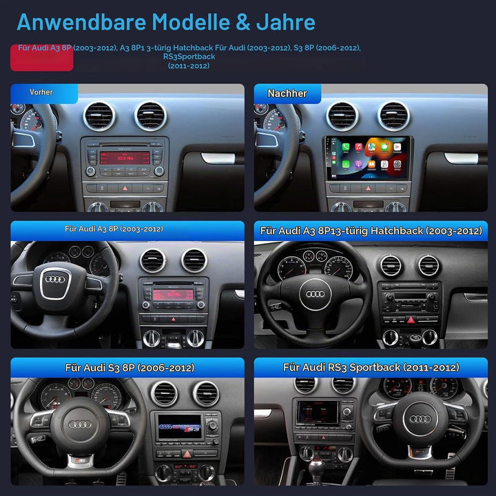 Android Autoradio mit Navi Bildschirm Wireless Carplay Android Auto für Audi A3 S3 RS3 2003-2012, 9