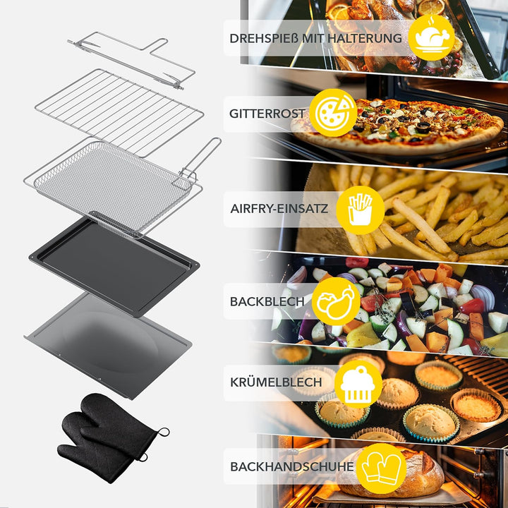 Heinrich´s Minibackofen mit Umluft 60L - Backofen klein mit Drehspiess, Airfryer-Einsatz inkl. Timer