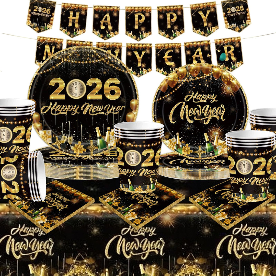 2026 Silvester Partygeschirr für 20 Gäste, 82 Stück Neujahr Partygeschirr mit Silvester Pappteller P