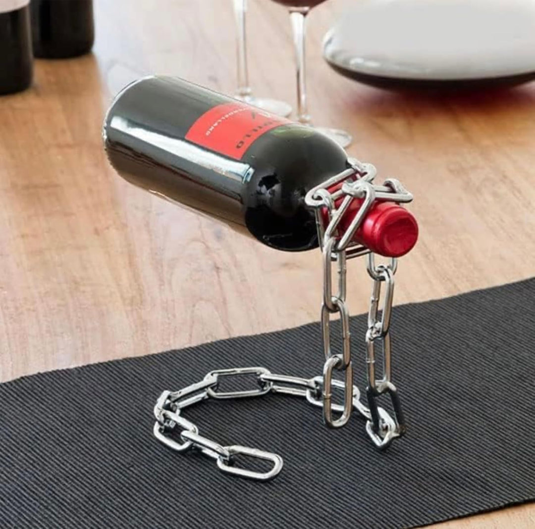 Weinflaschenhalter Kette schwebend inkl. Wein und Sektstopper - Magischer Design Weinhalter aus hoch