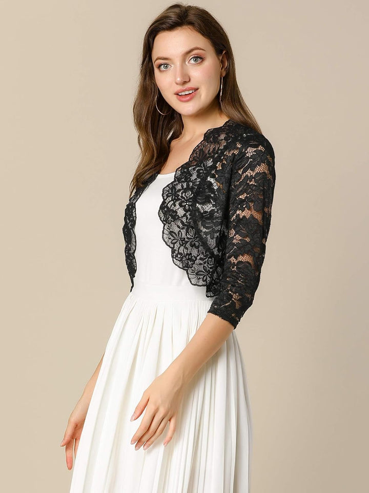 Allegra K Elegantes Damen-Oberteil mit 3/4-Ärmeln, durchscheinend, florales Spitzenoberteil XL Schwa