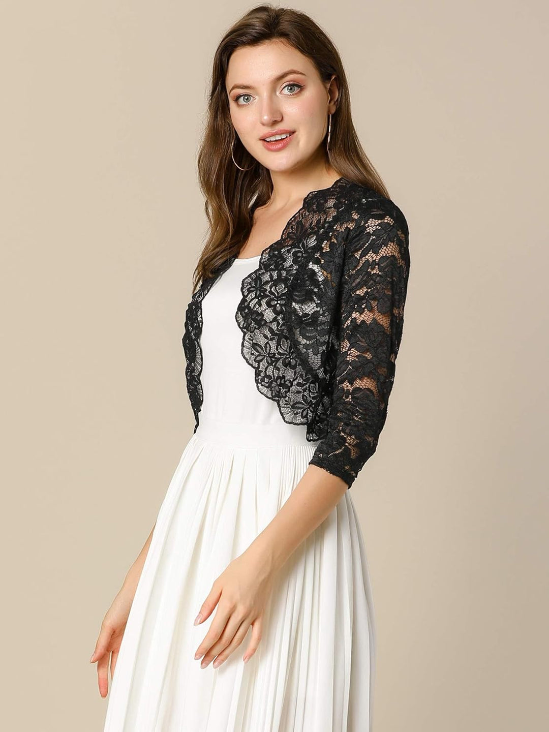 Allegra K Elegantes Damen-Oberteil mit 3/4-Ärmeln, durchscheinend, florales Spitzenoberteil S Schwar