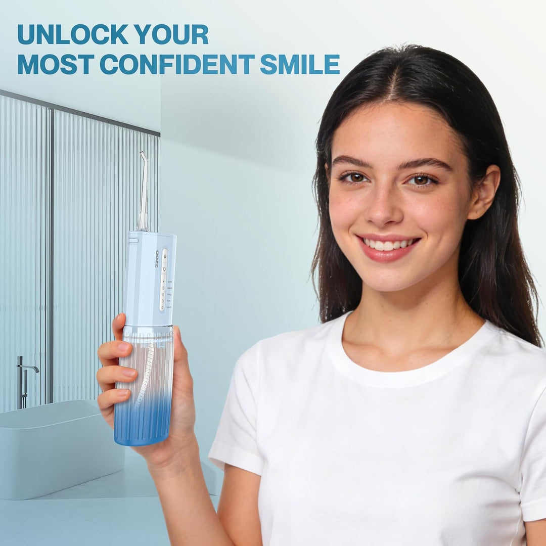OOZZ Travel Water Flosser, Schnurlose Taschenmunddusche, 5 Druckmodi, 6 Strahlspitzen, USB-wiederauf