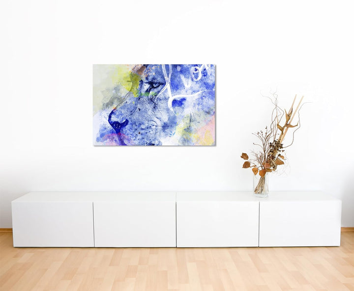 Paul Sinus Art Bild Leinwand 120x80cm Wilder Löwe in Blautönen mit Kalligraphie, 120x80cm