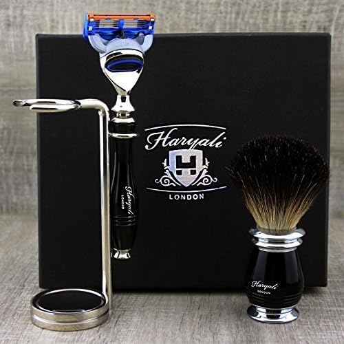 Haryali London Black Luxury Herren Rasierset 5 Edge Rasiermesser, Rasierpinsel, Rasierständer und Al