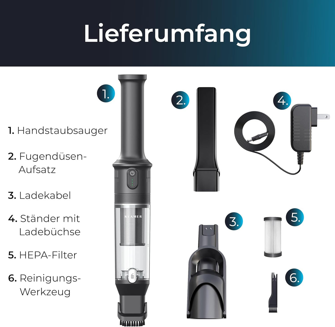 KLAMER Handstaubsauger, 140W Akku Handstaubsauger, Leistungsstark mit 16.000 PA und 36 min Laufzeit,