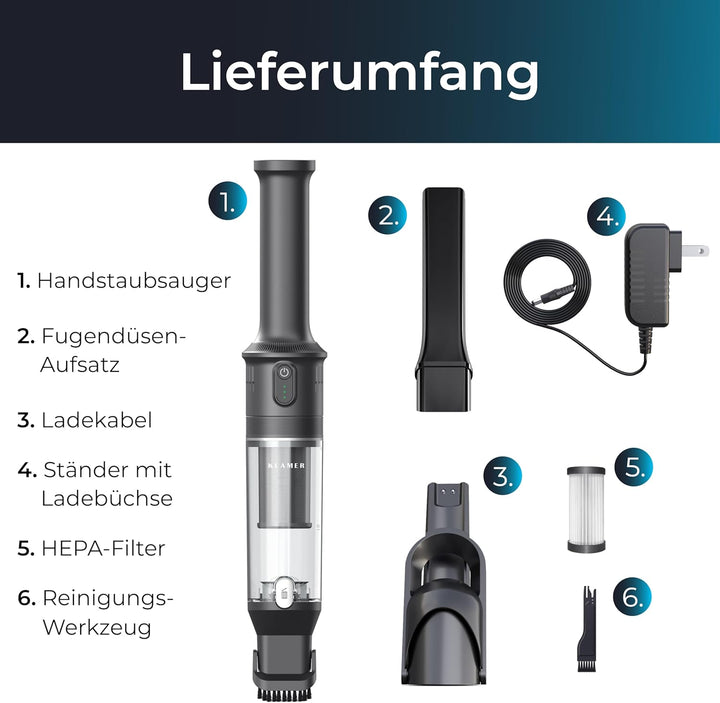 KLAMER Handstaubsauger, 140W Akku Handstaubsauger, Leistungsstark mit 16.000 PA und 36 min Laufzeit,