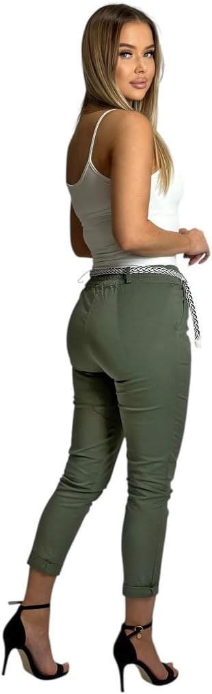 Mississhop Damen Baumwolle Klassische Chino Hose mit Gürtel XL Oliv, XL Oliv